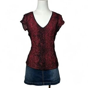 Y2K Womens Red Leopard Print Top Ruffled Lace V Neck Small Goth Grunge